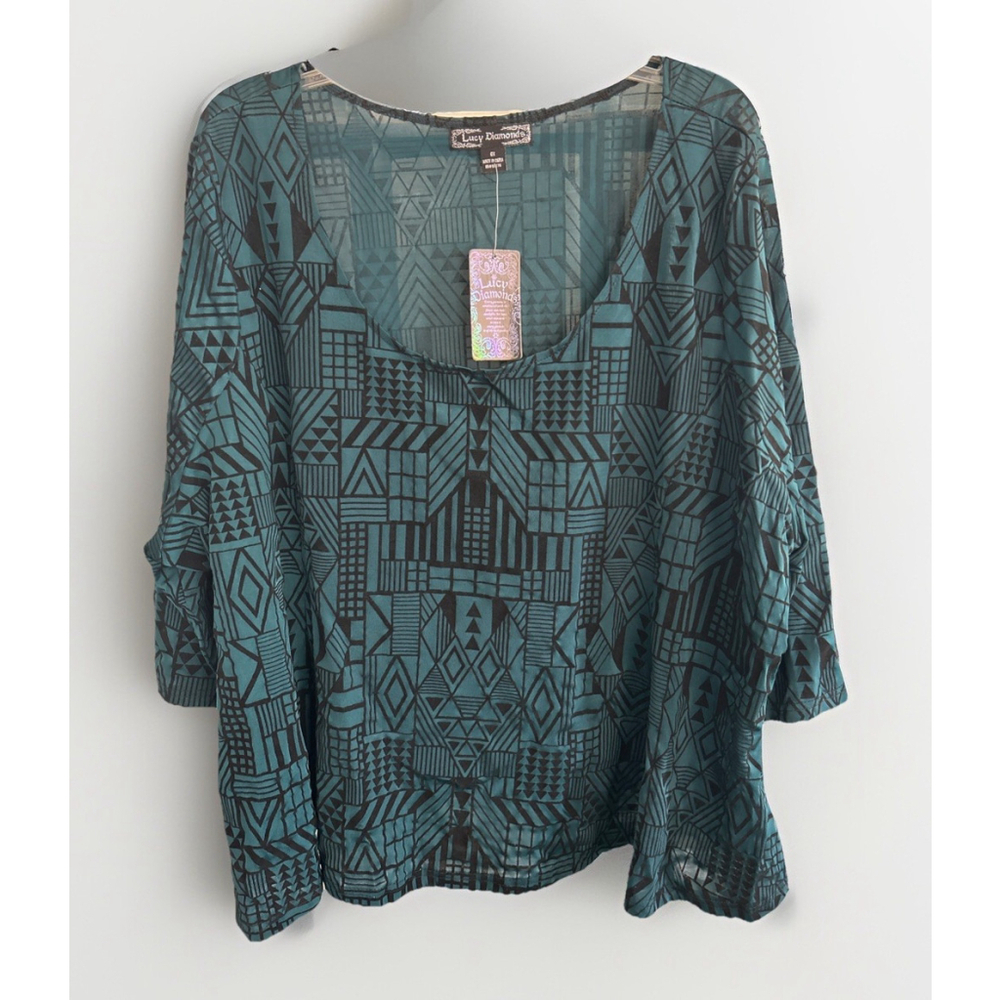 Lucy Diamonds 6X Black & Green Geometric Print Blouse Shirt